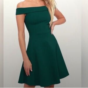 Lulus Season of Fun Forest Green Off-the-Shoulder Skater Dress Size Medium